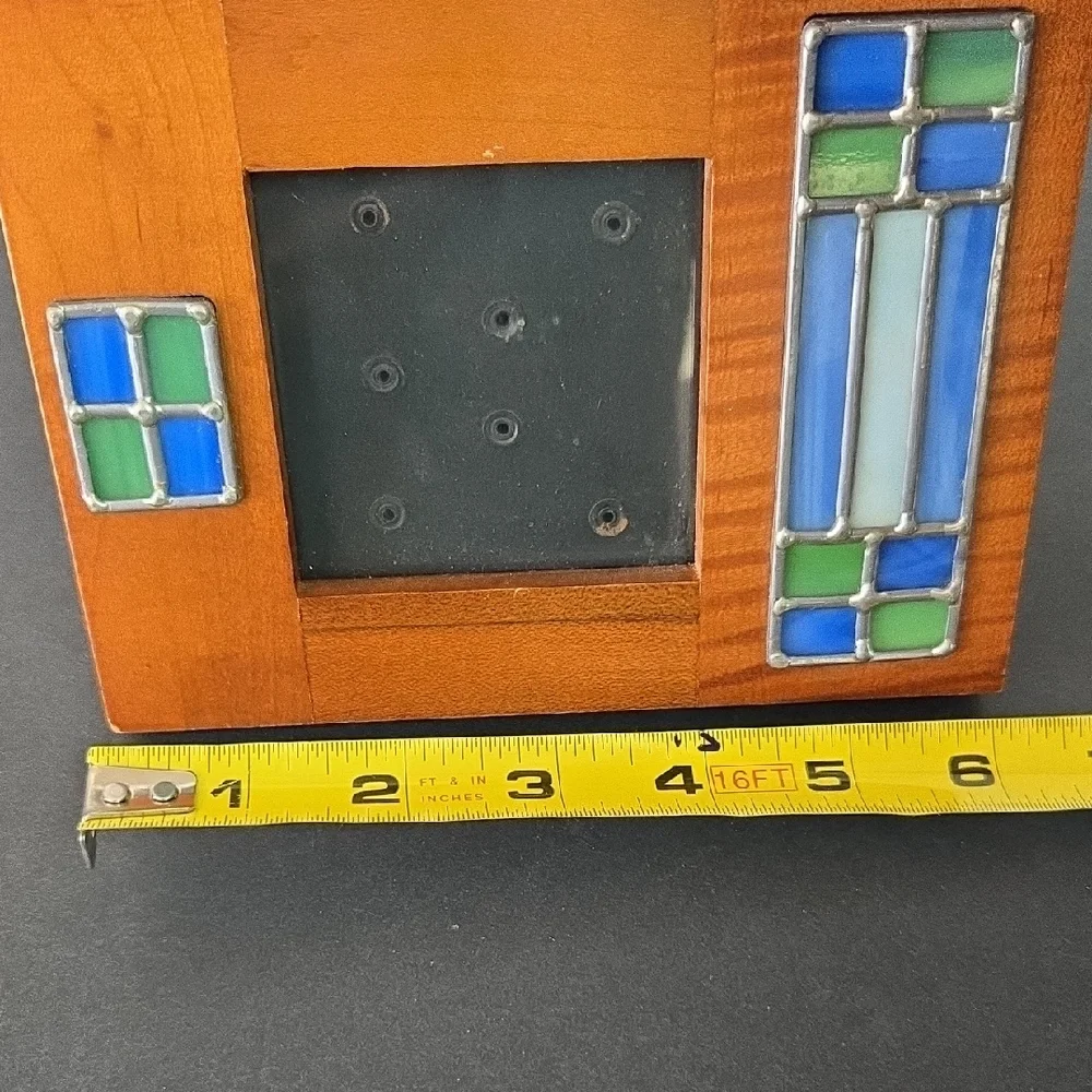Wooden Photo Frame with Blue and Green Stained Glass Inset Accents